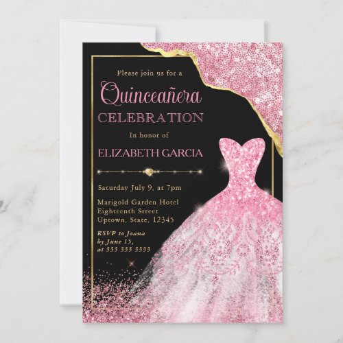 Pink Watercolor Dress and Glam Edge Quinceanera Invitation