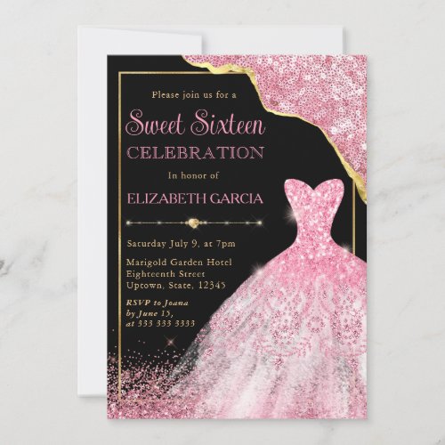 Pink Watercolor Dress and Glam Edge Sweet Sixteen Invitation