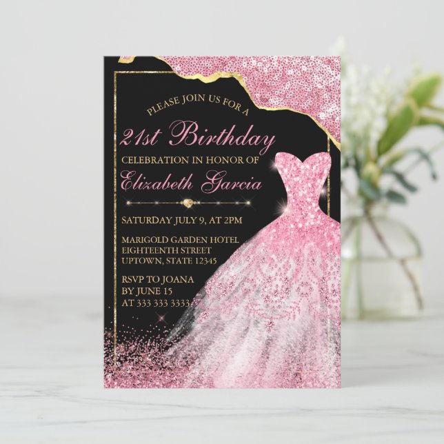 Pink Watercolor Dress & Glam Edge 21st Birthday Invitation