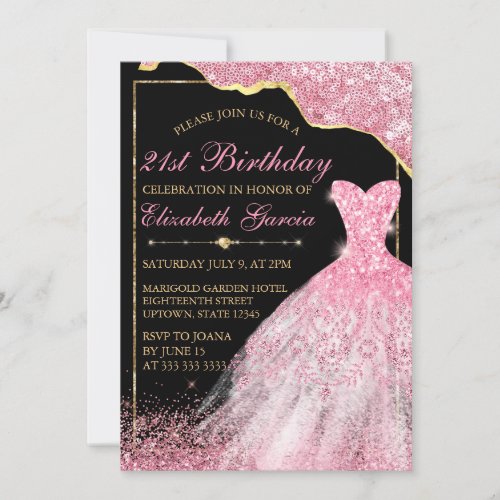 Pink Watercolor Dress  Glam Edge 21st Birthday Invitation