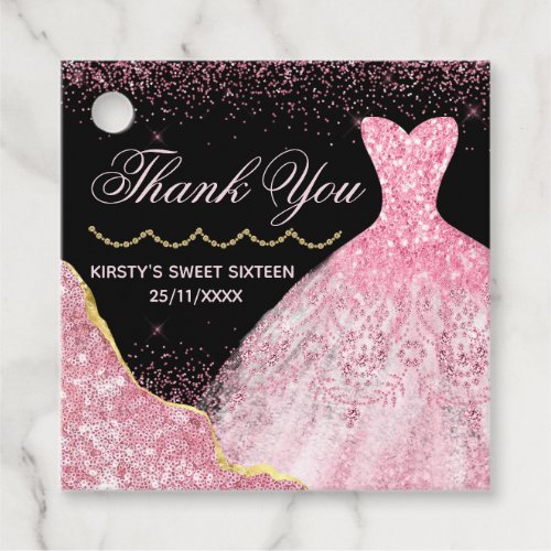 Pink Watercolor Dress Glam Edge Sweet 16 Birthday Favor Tags