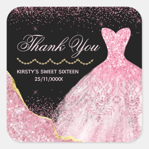 Pink Watercolor Dress Glam Edge Sweet 16 Birthday Square Sticker