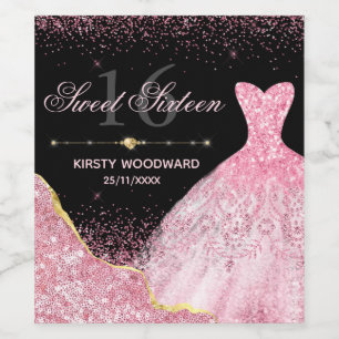 Pink Watercolor Dress Glam Edge Sweet 16 Birthday Wine Label