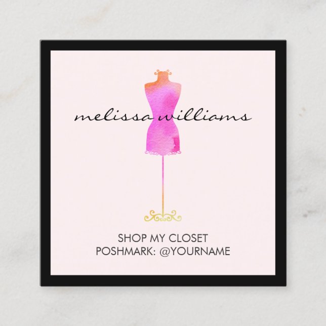 Pink Watercolor Dress Mannequin Poshmark Seller II Square Business Card (Front)