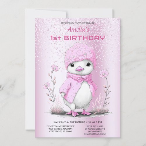 Pink Watercolor Duck 1st Birthday Invitation
