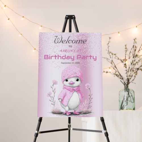 Pink Watercolor Duck Birthday Welcome Foam Board