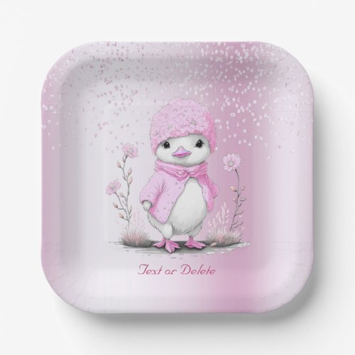 Pink Watercolor Duck Paper Plate