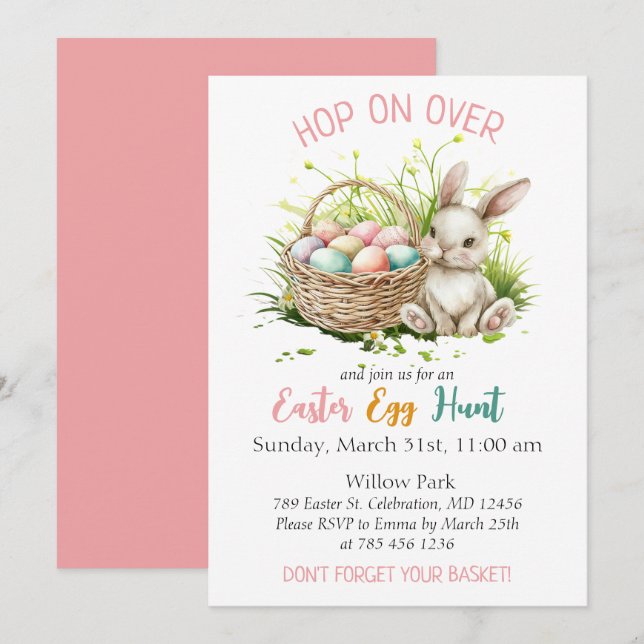 Pink Watercolor Easter Bunny Egg Hunt Party Invitation (Front/Back)