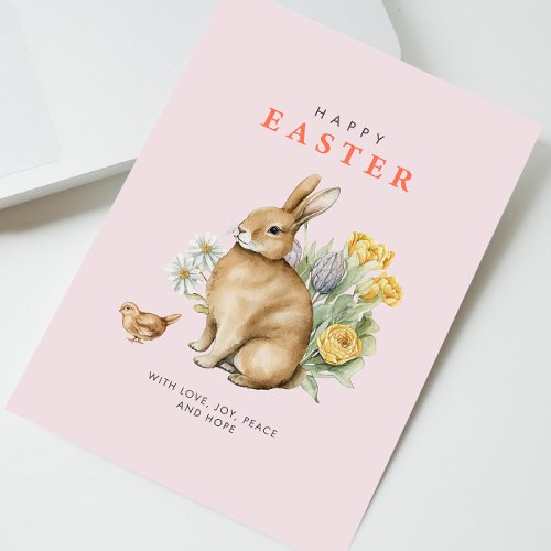 Pink Watercolor Easter Bunny Holiday Card