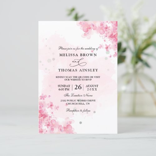 Pink Watercolor Elegant Budget Qr Code Wedding Invitation