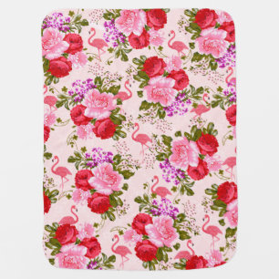 Pink watercolor elegant flamingo vintage floral baby blanket