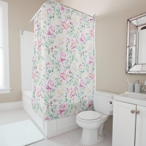 pink watercolor elegant floral shower curtain