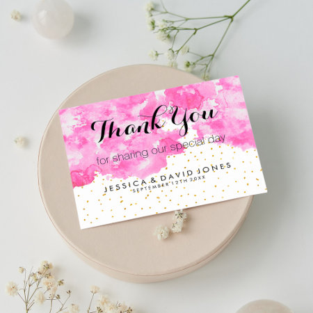 Pink Watercolor Elegant Gold Confetti Thank You Postcard