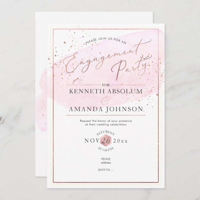 Pink Watercolor Elegant Script Engagement Party Invitation (Front/Back)