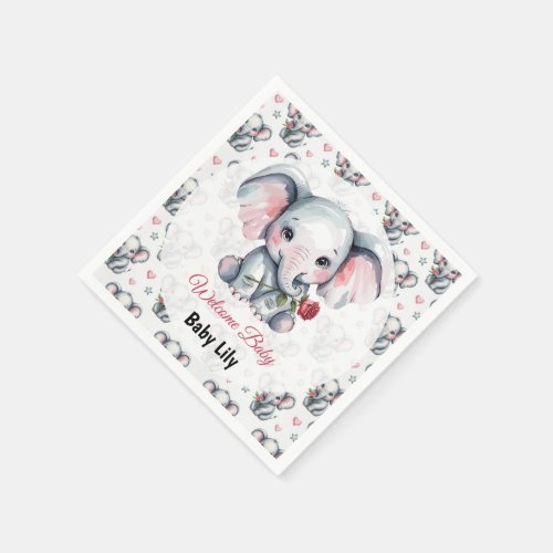 Pink Watercolor Elephant Baby Shower Napkins