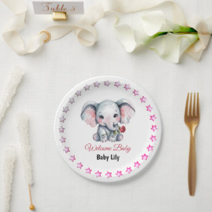 Pink Watercolor Elephant Baby Shower Paper Plates