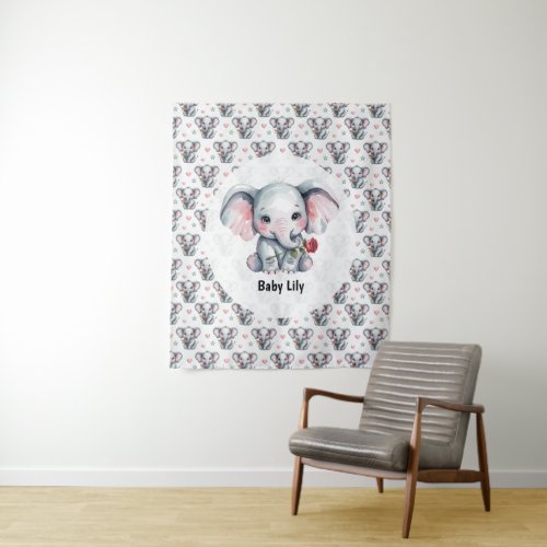 Pink Watercolor Elephant Baby Shower Tapestry
