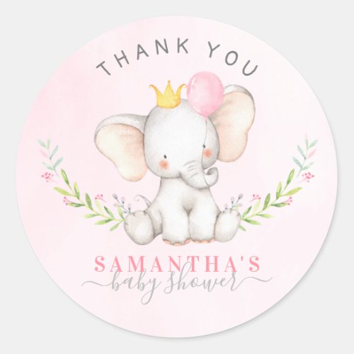 Pink Watercolor Elephant Baby Shower Thank You Classic Round Sticker
