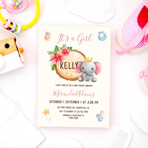 Pink Watercolor Elephant Girl Baby Shower Invitation