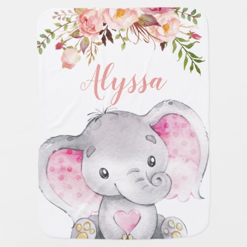Pink Watercolor Elephant Personalized Girl Baby Blanket