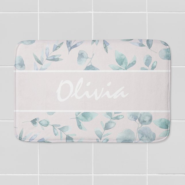 Pink Watercolor Eucalyptus Custom Name Bath Mat (Creator Uploaded)