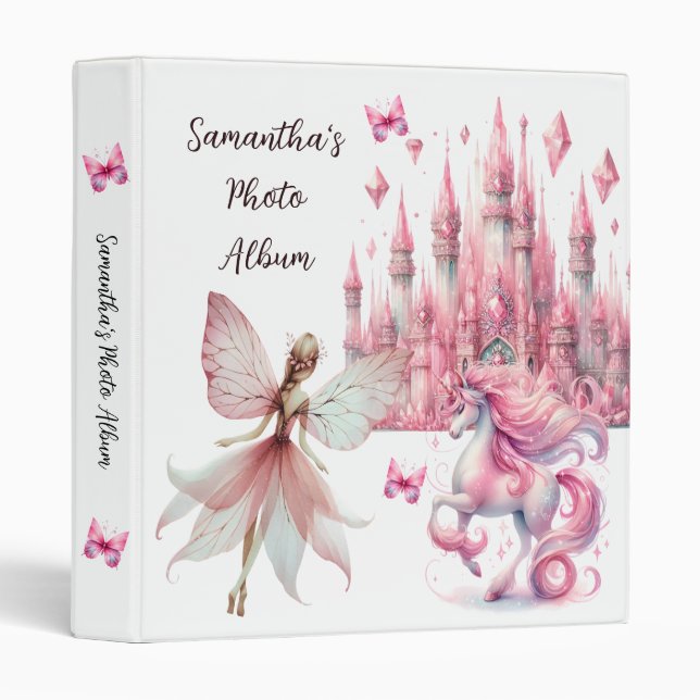 Pink Watercolor Fairy Princess Girl Photo 3 Ring Binder (Front/Spine)