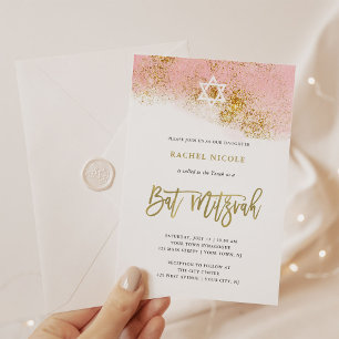 Pink Watercolor Faux Gold Bat Mitzvah Invitation