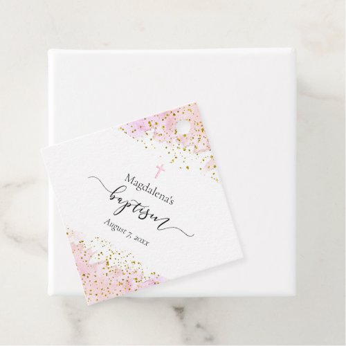 pink watercolor  faux gold details Baptism Favor Tags