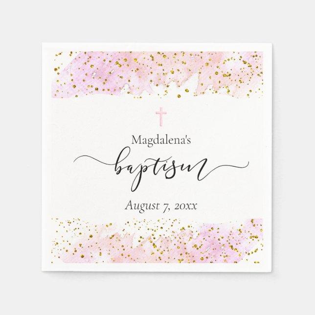 pink watercolor | faux gold details Baptism Napkins (Front)