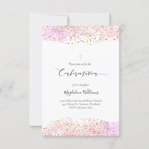 pink watercolor  FAUX gold details Confirmation Invitation
