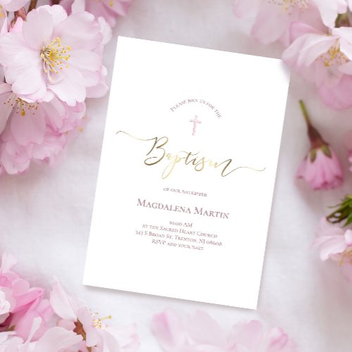 pink watercolor  FAUX gold foil Baptism script Invitation