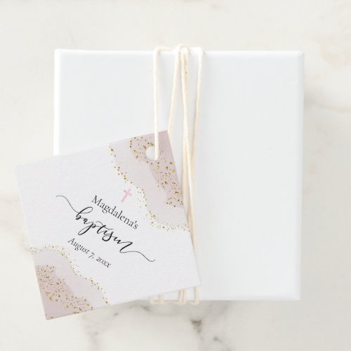 pink watercolor  faux gold glitter Baptism Favor Tags