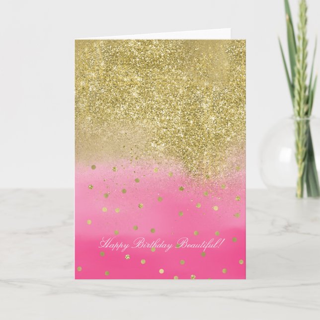 Pink Watercolor Faux Gold Glitter Beautiful Card (Front)