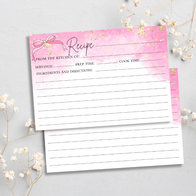 Pink Watercolor Faux Gold Glitter Bow Recipe Card (Creator Uploaded)