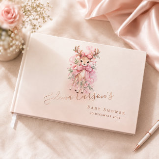 Pink Watercolor Fawn Baby Shower 3 Ring Binder Foil Guest Book