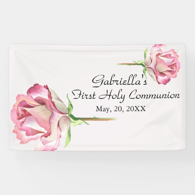 Pink Watercolor First Holy Communion Banner (Horizontal)