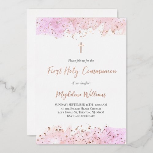 pink watercolor First Holy Communion Foil Invitation