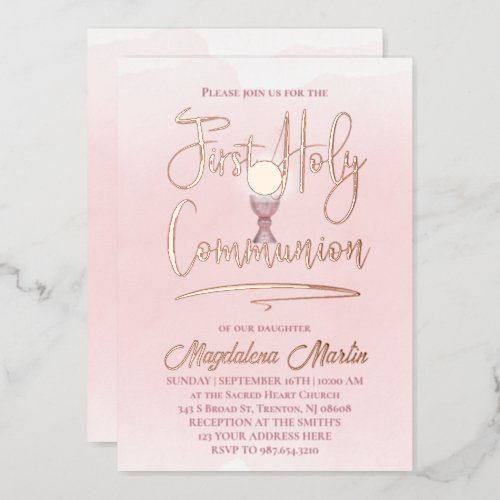 pink watercolor First Holy Communion Foil Invitation