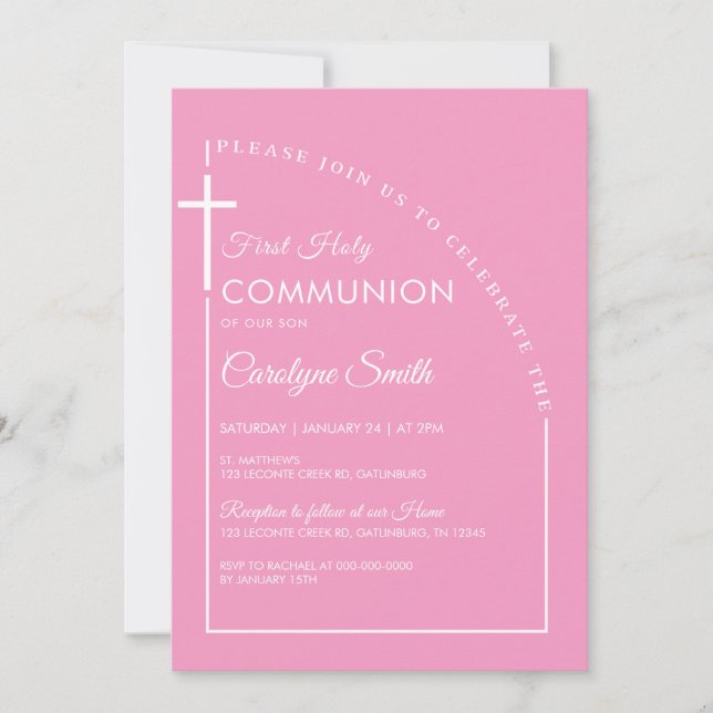 Pink Watercolor First Holy Communion Girl Invitation (Front)
