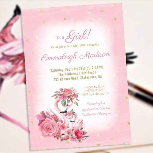 Pink Watercolor Flamingo Ballerina Baby Shower Invitation