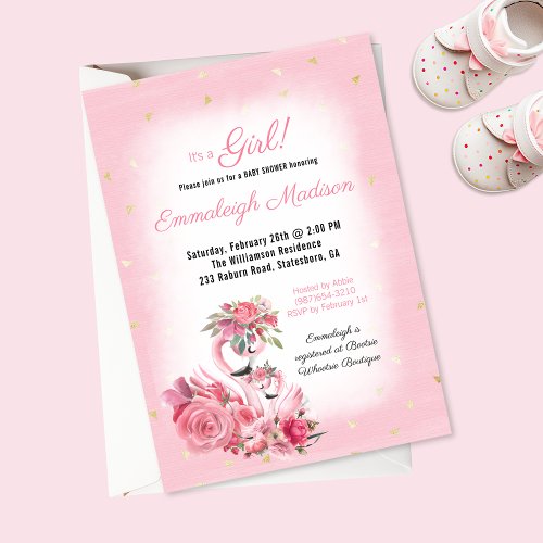 Pink Watercolor Flamingo Ballerina Baby Shower Invitation