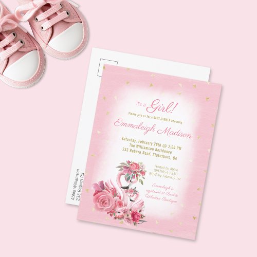 Pink Watercolor Flamingo Ballerina Baby Shower Invitation Postcard