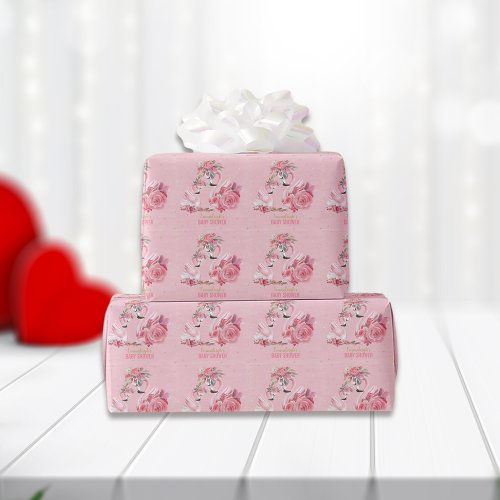 Pink Watercolor Flamingo Ballerina Baby Shower Wrapping Paper