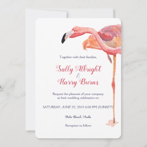 Pink Watercolor Flamingo Beach Wedding Invitation