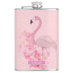 Pink Watercolor Flamingo Floral and Dots Flask