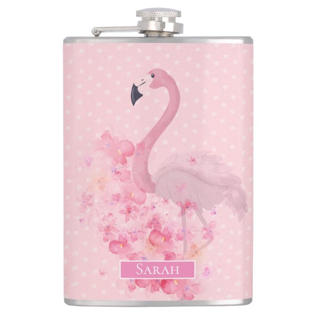 Pink Watercolor Flamingo Floral and Dots Flask (Front)