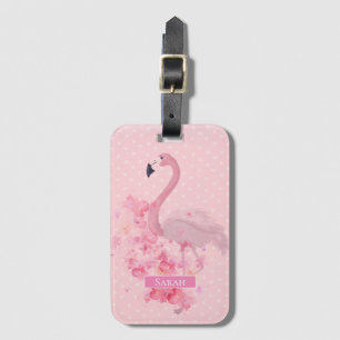 Pink Watercolor Flamingo Floral and Dots Luggage Tag