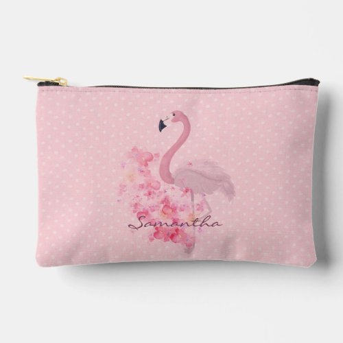 Pink Watercolor Flamingo Floral and Dots Named Accessory Pouch