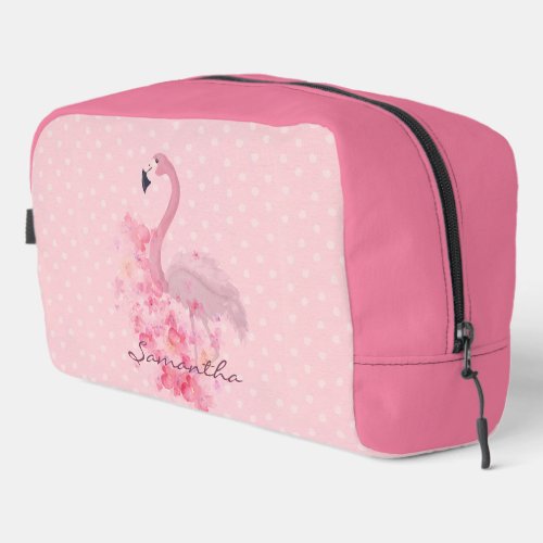 Pink Watercolor Flamingo Floral and Dots Named Dopp Kit