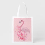 Pink Watercolor Flamingo Floral And Dots Named Grocery Bag at Zazzle